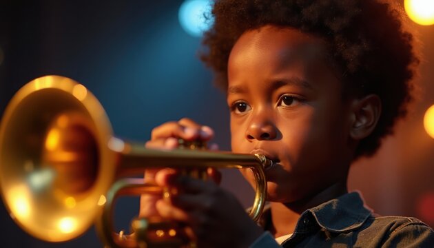 Young african american boy plays golden trumpet in dimly lit room. Child focused on making music with brass instrument. Lights create warm glow on face, suggesting performance.