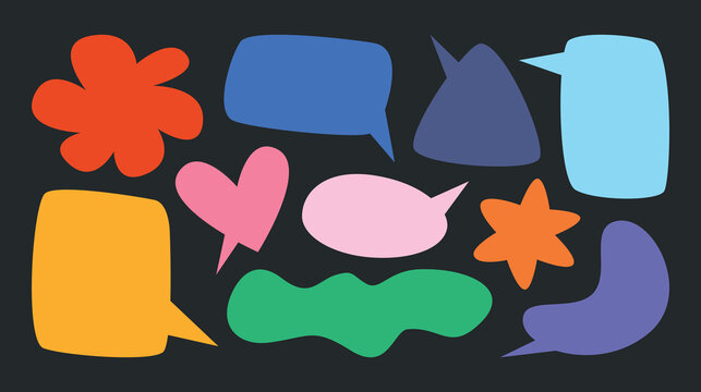 Colorful vector flat set of speech bubble shapes in cartoon style. Abstract silhouettes and simple backgrounds, comic clouds, messages, graphic elements. Funky sticker collection for text highlight. 