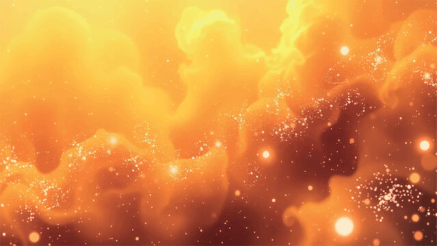 An abstract fire background features glowing orange flames in the night with bright yellow bokeh lights and a shiny golden texture for a warm summer wallpaper design