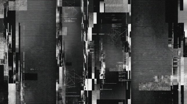 Monochrome digital distortion background with heavy scanline artifacts and signal noise, vertical glitch texture for poster layouts, editorial overlays and moody tech visuals, gritty interference