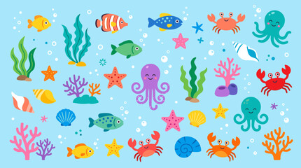 Obraz premium Cute cartoon underwater sea life collection with colorful fish octopuses crabs starfish coral and shells on blue background