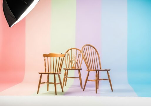 An elegant arrangement of antique wooden chairs positioned for a formal portrait featuring soft pastel backdrops and silky smooth gradients, muted, dreamy, tranquil