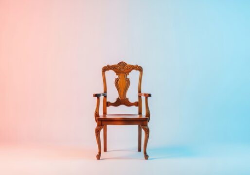 An elegant arrangement of antique wooden chairs positioned for a formal portrait featuring soft pastel backdrops and silky smooth gradients, wood, artistic, minimalist
