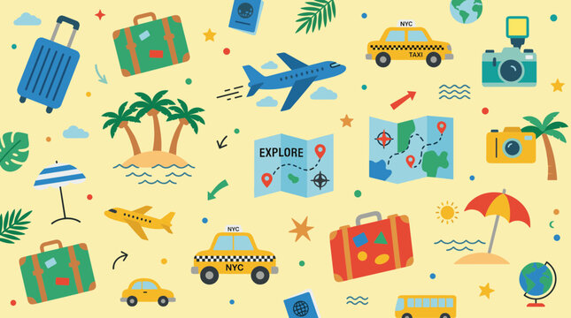 vibrant seamless pattern of travel icons airplane suitcase taxi map camera on yellow background summer vacation adventure concept