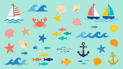 Obraz premium Nautical theme seamless pattern with cute sea creatures sailboats waves shells and anchors for kids textile and decor