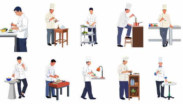 Flat vector illustration set of professional male chefs in white uniforms preparing, plating, and presenting gourmet food in various kitchen settings.