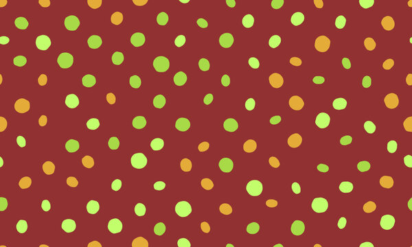 Cheerful, handdrawn polka dot pattern in vibrant greens, oranges, and maroon.  Perfect for textile design, wrapping paper, or playful backgrounds.