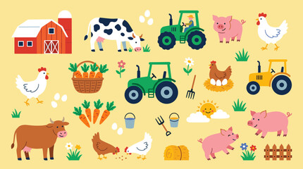 Charming farm scene with various animals including cows pigs and chickens alongside tractors and a barn in a cheerful cartoon style
