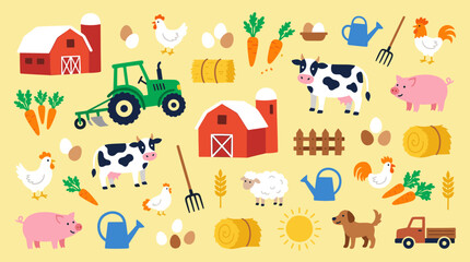 Fototapeta premium Charming farm scene illustration with various animals like cows pigs sheep chickens and a dog alongside tractors barns hay bales and fresh vegetables on a yellow background