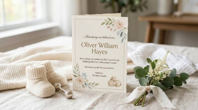 Baby names announcement card concept with soft elegant layout, gentle family celebration theme for newborn reveal and keepsake design use, pastel tones, clean typography space, realistic paper