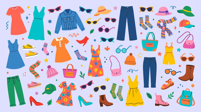 Colorful collection of women's clothing and accessories, fashion flat lay style, summer outfits, casual wear, stylish items