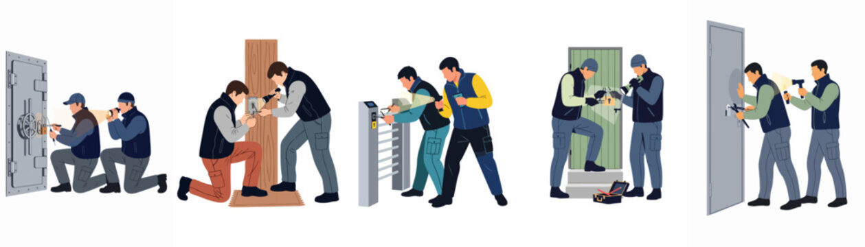 Flat illustration set of professional burglars breaking into various doors, gates, and safes using specialized tools and flashlights on a white background.