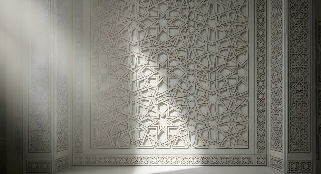 Intricate geometric islamic pattern carved on stone wall isolated on white background