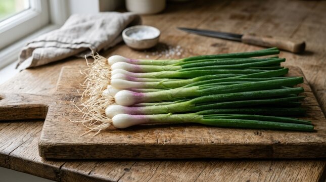 Young spring onions arranged neatly on a wooden surface, crisp bulbs and green tops in a fresh organic produce close-up, strong food and cooking concept for healthy ingredients and farm produce