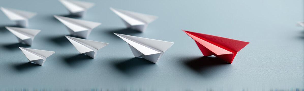 Leading the Flight: A red paper airplane boldly takes flight, leading a formation of white paper airplanes, symbolizing innovation and guidance.