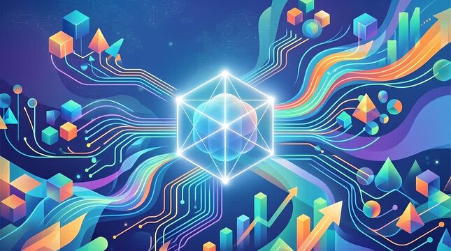 Futuristic Holographic Data Visualization with Colorful Geometric Shapes Evolving in a Dark Digital Environment