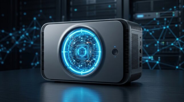 Edge computing device with glowing blue core, minimalist futuristic technology background for enterprise hardware, low-latency processing and digital infrastructure branding, sleek isolated object in