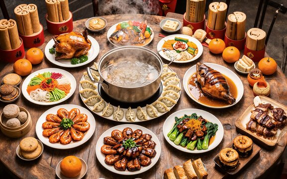 Steamy hot pot surrounded by diverse Chinese dishes on a festive