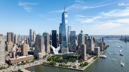 Fototapeta premium One World Trade Center in New York City, iconic skyscraper scene with strong urban presence and modern architectural detail, premium travel and skyline concept, clear atmosphere, balanced composition,