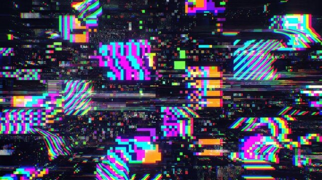 Abstract digital noise background with bright neon pixel blocks and chromatic aberration, colorful glitch texture for social posters, sale graphics and dynamic creative banners, geometric distortion,