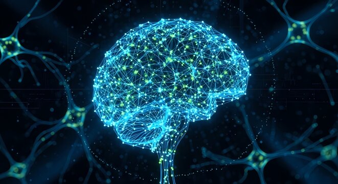 Abstract visualization of a glowing blue human brain made of interconnected nodes and lines, symbolizing artificial intelligence and neuroscience