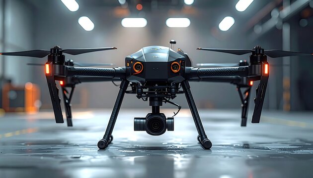 Advanced aerial drone with camera, poised for flight indoors