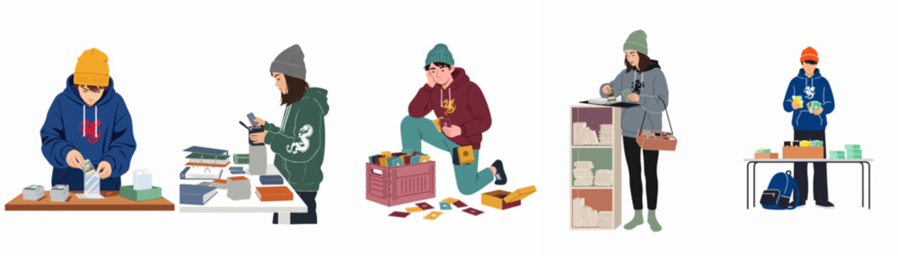 Flat vector illustration set of diverse young people organizing, sorting, and collecting trading cards in various hobbyist activities.