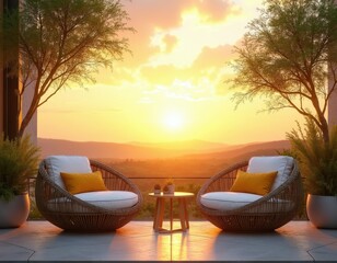 Obraz premium Two modern chairs on a patio overlook sunset mountain landscape. Outdoor living space with warm evening light. Furniture invites relaxation with a tranquil view.