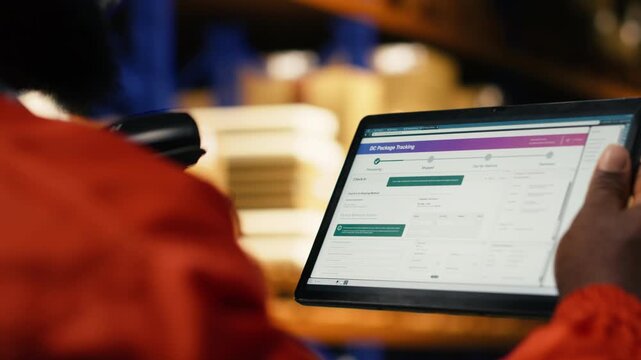 Tablet and scanner, verifying and organizing packages, african american staff in warehouse, production workflow highlights safety compliance. AWB cargo tracking in distribution center.