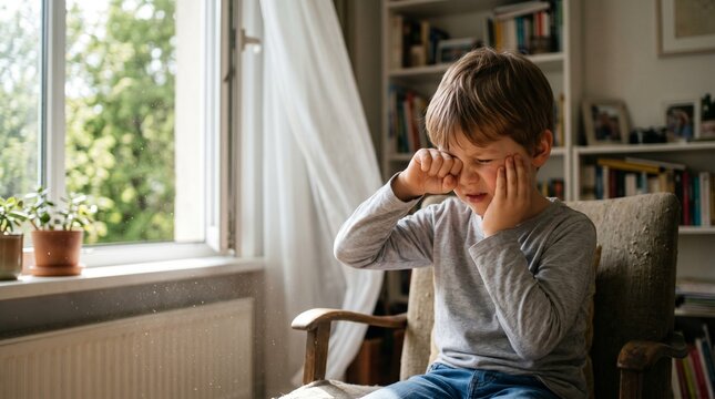 Young boy sitting in armchair and crying at home by the window  