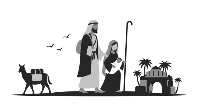 Nativity Scene Silhouette: Holy Family Journey to Bethlehem with Camel and Oasis