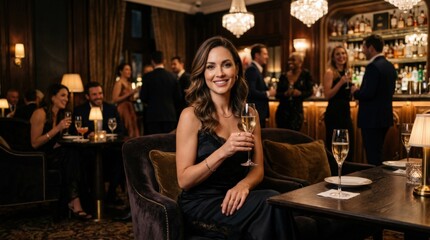 Fototapeta na wymiar Luxury evening portrait in entertainment lounge, glamorous evening lifestyle portrait with luxury hospitality mood, refined fashion styling, polished interior atmosphere and cinematic social energy,