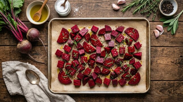 Fresh beetroot laid out in flat lay style prepared for roasting with oil and spices, healthy raw vegetable background with vibrant color and strong commercial appeal for cooking, plant-based meals and