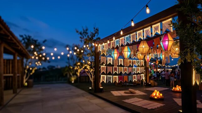 Cozy Outdoor Celebration with Colorful Lanterns and Twinkling Lights Creating a Warm Atmosphere in Evening Gathering