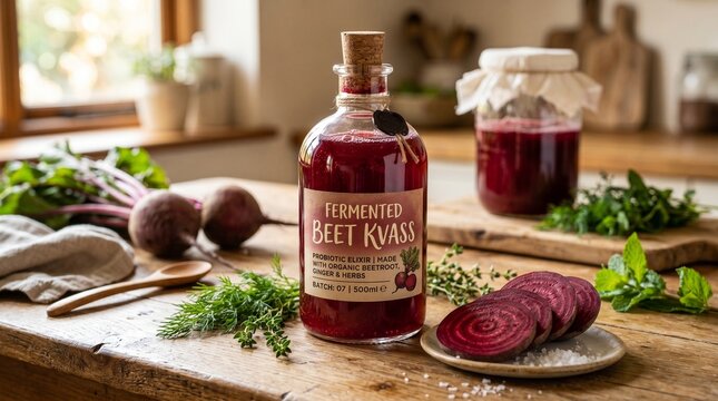 Fermented beet kvass bottle on wooden table with sliced beets  