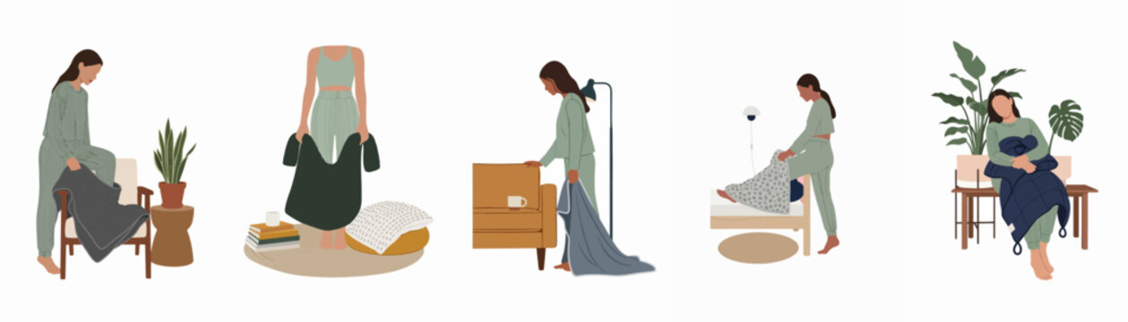 Set of flat illustrations showing women in comfortable loungewear using weighted blankets for relaxation and self-care in a cozy, minimalist home setting.