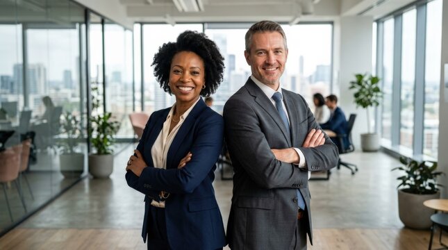 Two smiling business leaders standing back to back with arms crossed in office, confident corporate portrait, partnership, leadership and professional success concept, clean composition, natural