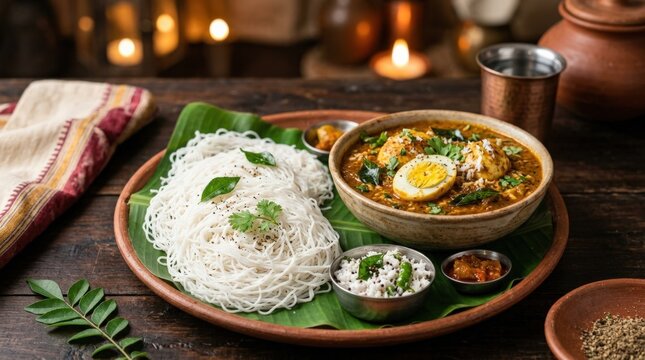 Kerala Idiyappam with Egg Curry String Hoppers, authentic Indian food concept for restaurant menus, regional cuisine branding and appetizing culinary advertising with rich traditional flavors warm