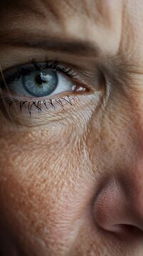 Intense close-up of a striking blue eye reflecting light and emotion showcasing detailed skin texture and conveying wisdom age and a sense of introspection