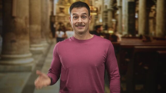 Man with hands forming heart gesture inside building wearing pink long sleeve shirt and mustache, smiling at camera; joy openness.