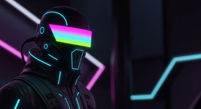 Vibrant neon visors illuminate various high-tech garments within a dark urban setting, highlighting intricate textures and futuristic style, fashion, collection, sci-fi