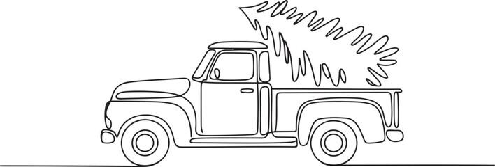 Retro pickup truck with christmas tree, continuous line. one line icon drawing vector © sadi