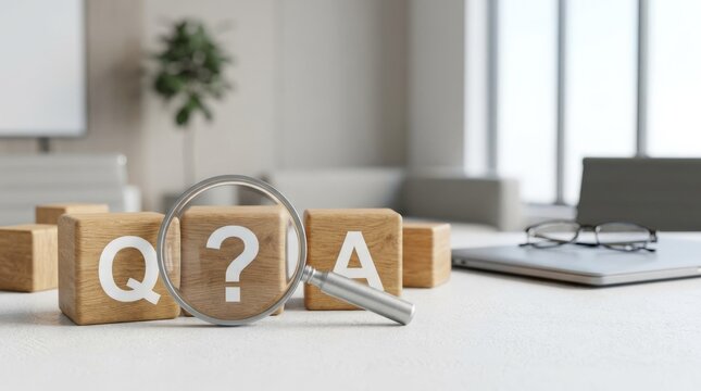 Question and answer concept, magnifying glass, wooden cubes or digital FAQ button highlighting question mark, answer search, communication support, brainstorming and information guidance clean