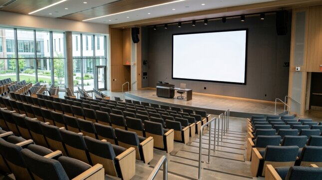 Modern empty lecture hall with large blank projection screen, ideal for AI presentations, corporate training, educational technology and enterprise innovation themes, clean academic interior with