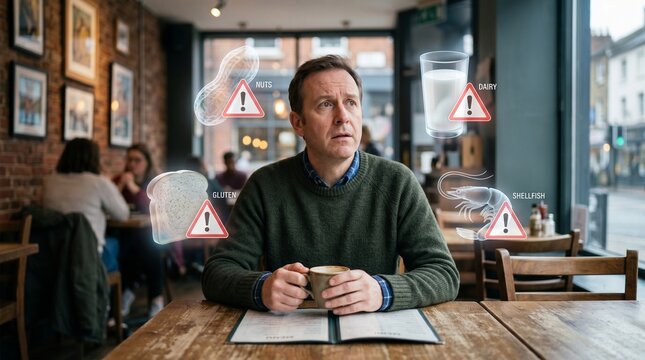Man sitting alone at restaurant table holding cup and looking thoughtful  