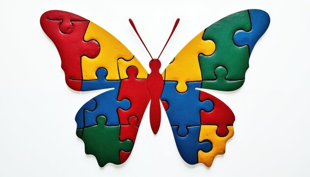 Butterfly silhouette made of colorful puzzle pieces. Symbol of autism awareness transformation and hope. Represents diversity and acceptance. Nature inspired graphic design.