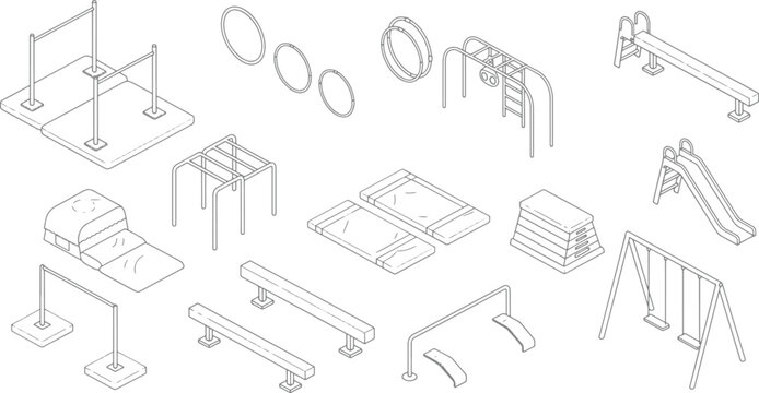 Isometric playground equipment set featuring swings slide monkey bars balance beams and gymnastics obstacles in a clean line art style