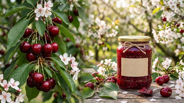 Cherry jam jar beside fresh cherries and flowers in garden  