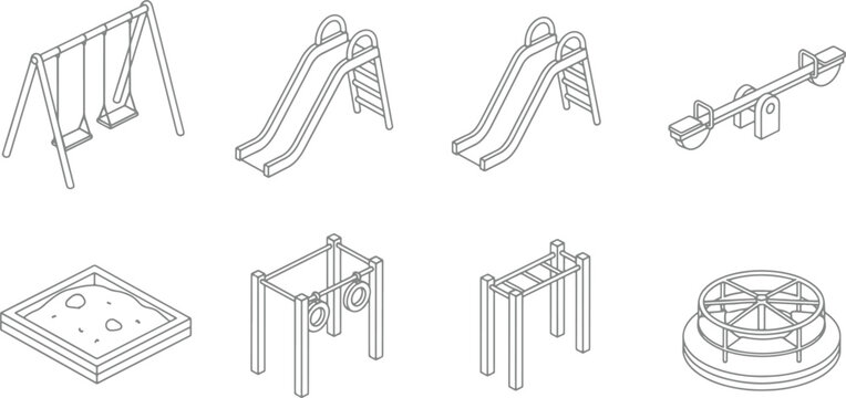 Set of isometric playground equipment icons featuring swings slides seesaw sandbox monkey bars and merry go round vector illustration