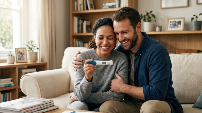 Couple with a positive pregnancy test, joyful family planning and fertility concept for healthcare, parenting and wellness campaigns, intimate moment, natural emotion, soft home light, balanced